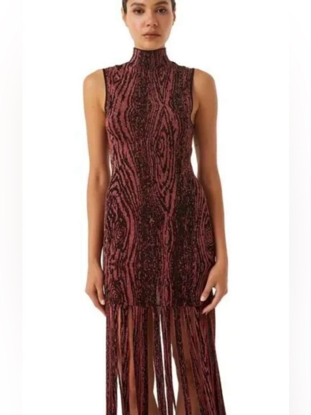 Misa Los Angeles Woodgrain Metallic Fringe Midi Dress - Size M